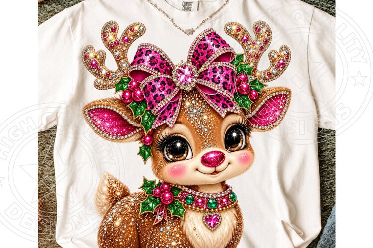 Pink Rhinestone Christmas Reindeer PNG | Leopard Bow Glam Su example image 1
