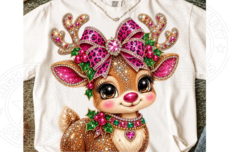 Pink Rhinestone Christmas Reindeer PNG | Leopard Bow Glam Su