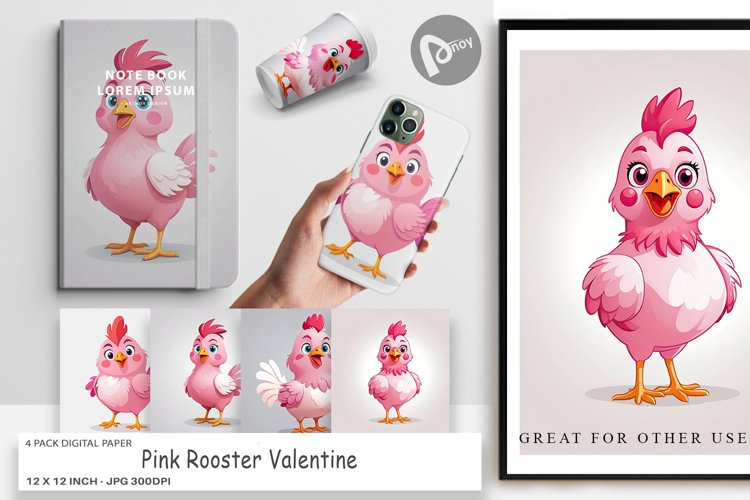 Digital Paper Pink Rooster Valentine