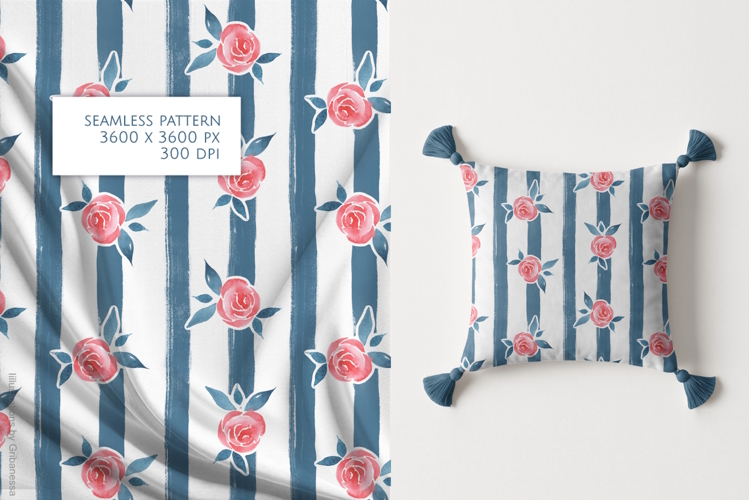 Pink Rose Blue Stripes Watercolor Seamless Pattern