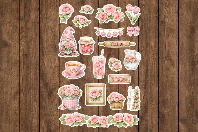 Pink Rose Cottagecore Printable Stickers - PNG Sticker Sheet
