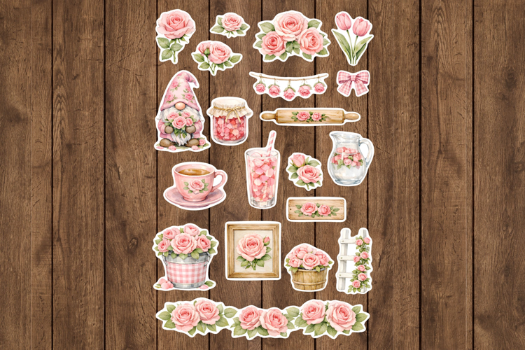 Pink Rose Cottagecore Printable Stickers - PNG Sticker Sheet