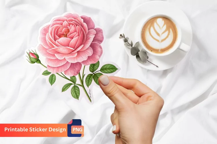 Pink Rose Flower Sticker, Cute Botanical Sticker