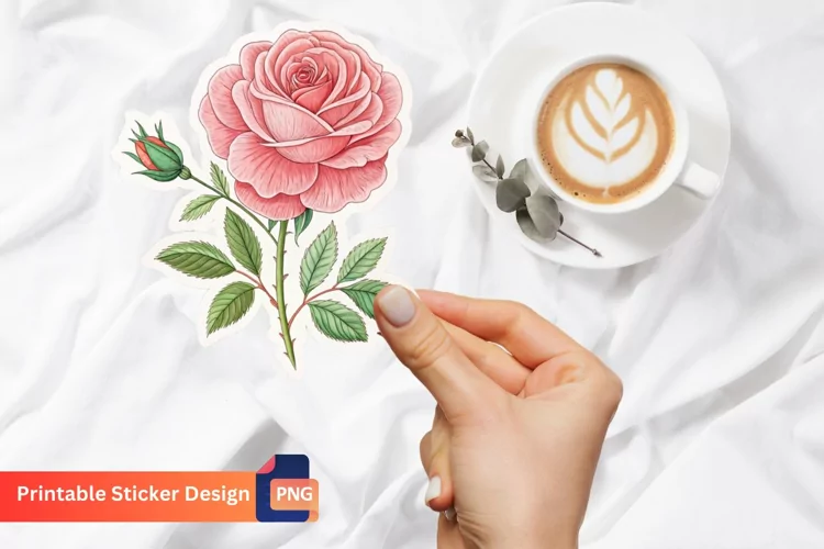 Pink Rose Sticker, Romantic Pink Rose Sticker, Vintage Rose
