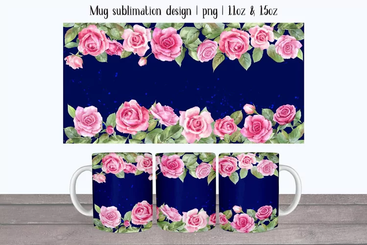 Pink roses watercolor mug designs. Mug wrap sublimation 11oz