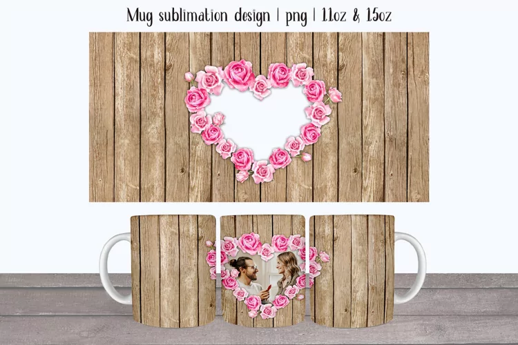 Mug photo with pink roses. Mug wrap sublimation. 11oz