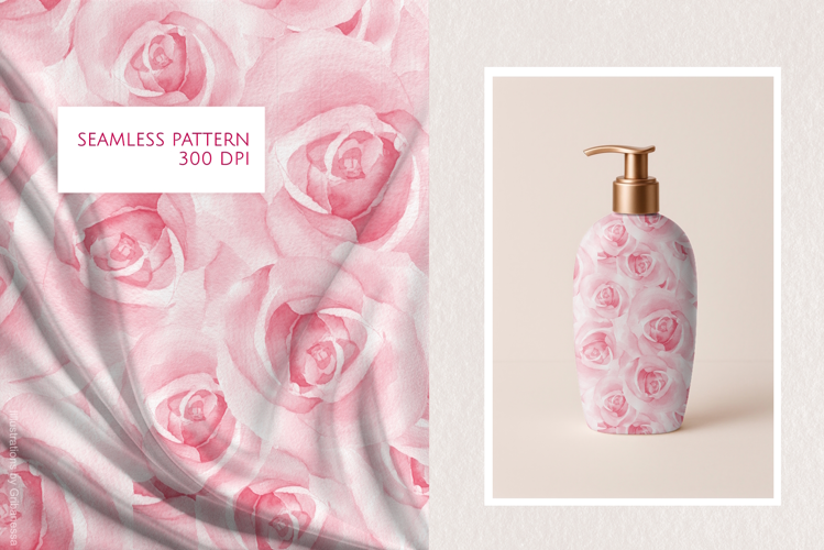 Seamless Watercolor Pink Roses Hand Drawn Pattern
