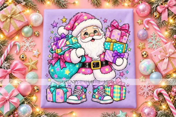Pink Santa PNG with Gifts, Turquoise Sack and Sneakers