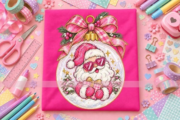 Pink Santa Ornament PNG with Heart Sunglasses