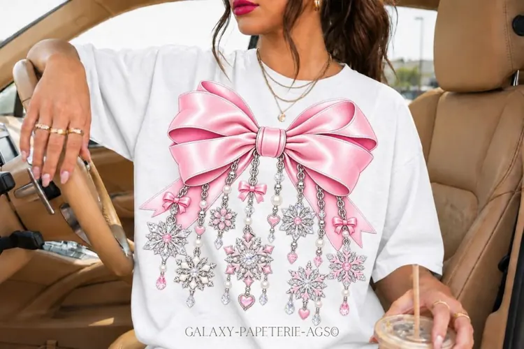 Pink Snowflake Bow PNG with Silver Winter Charms