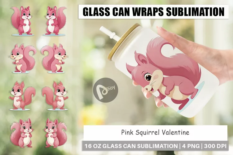 Glass Can Wraps Pink Squirrel Valentine
