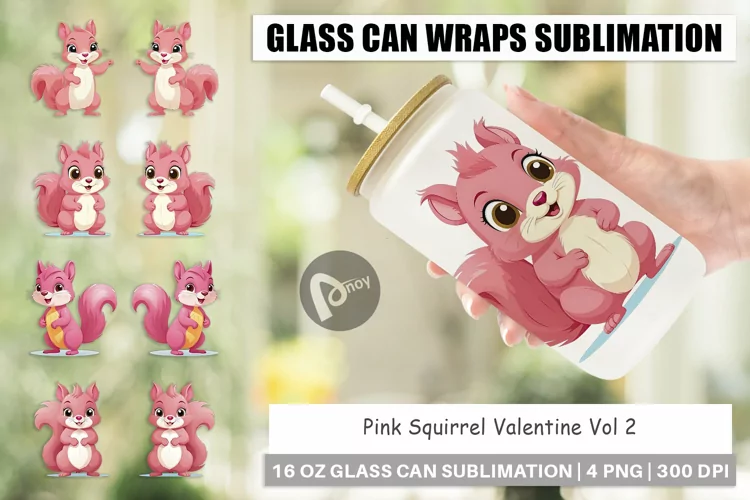 Glass Can Wraps Pink Squirrel Valentine