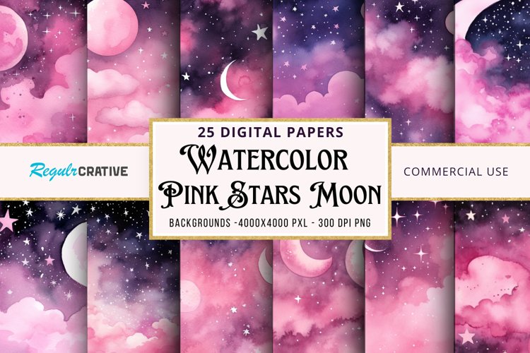 Pink Stars Moon Backgrounds Watercolor Clipart Bundle