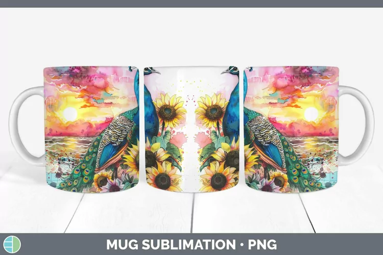 Pink Summer Peacock Mug Wrap Sublimation Coffee Cup Designs