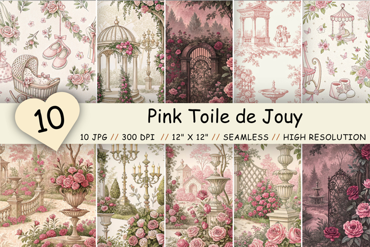 Pink Toile de Jouy Digital Paper, Seamless Watercolor Floral