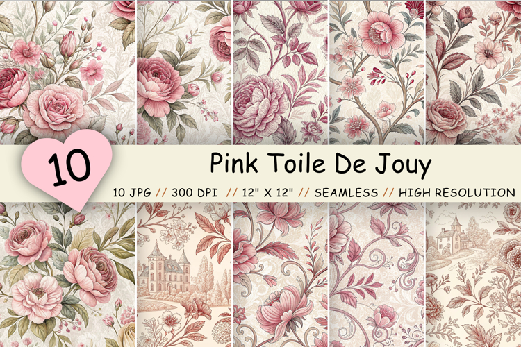Pink Toile De Jouy Seamless Pattern, Pink Floral Pattern