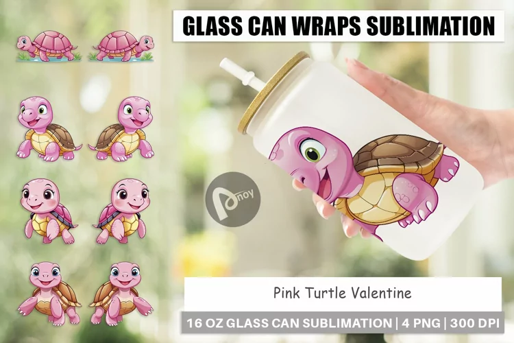Glass Can Wraps Pink Turtle Valentine