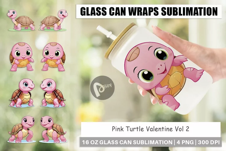 Glass Can Wraps Pink Turtle Valentine