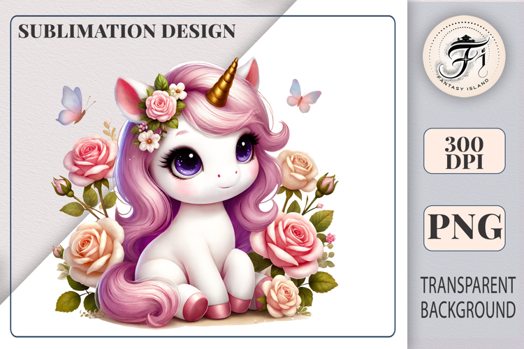 Cute Baby Pink Unicorn with Roses | Sublimation Clipart PNG