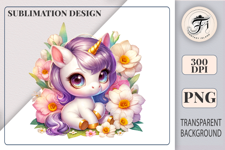 Cute Pink Unicorn with Daffodils Sublimation Clipart PNG