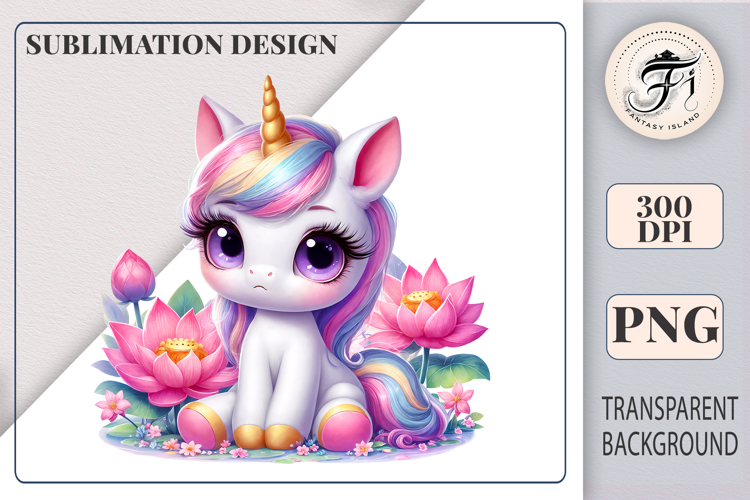 Cute Pink Unicorn with Lotus Flowers Sublimation Clipart PNG