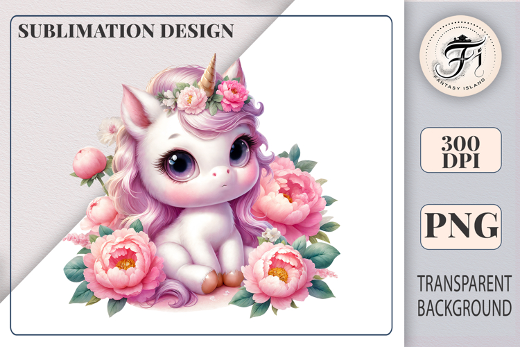 Cute Baby Unicorn with Pink Peonies Sublimation Clipart PNG