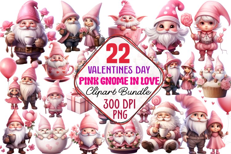 Pink Valentine Gnome Clipart Bundle, Valentine Gnome Clipart