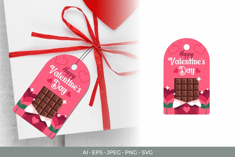 Happy Valentine's Day, Gift Tag with Cute Chocolate Bar