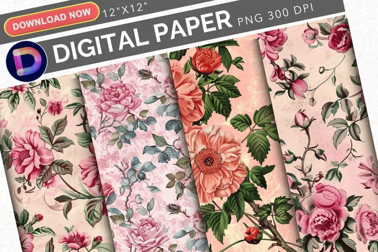 Pink Vintage Flowers Digital Paper