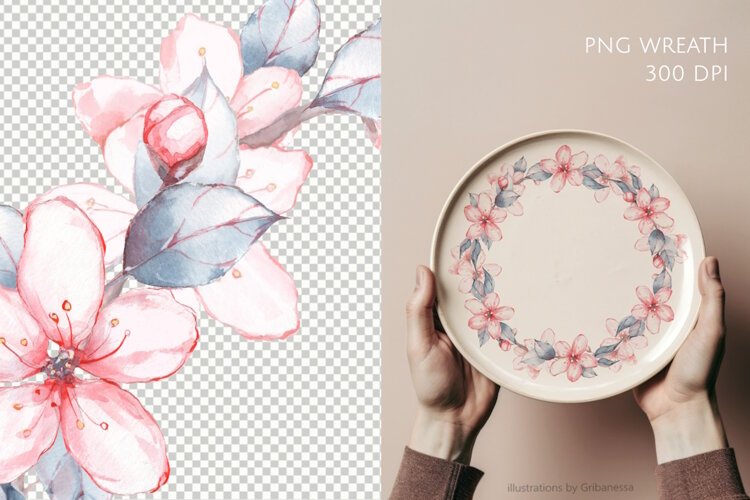 Pink Watercolor Blossom Wreath PNG example image 1