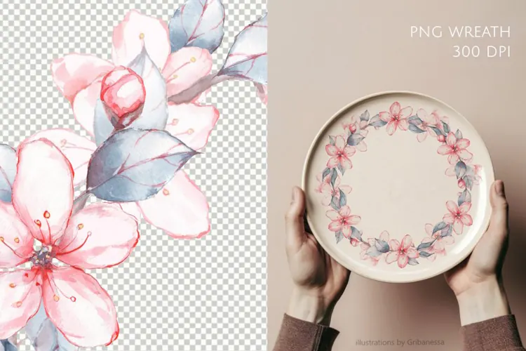 Pink Watercolor Blossom Wreath PNG