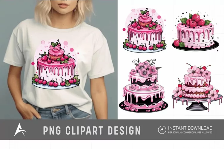 Watercolor Pink Cakes Sublimation Clipart