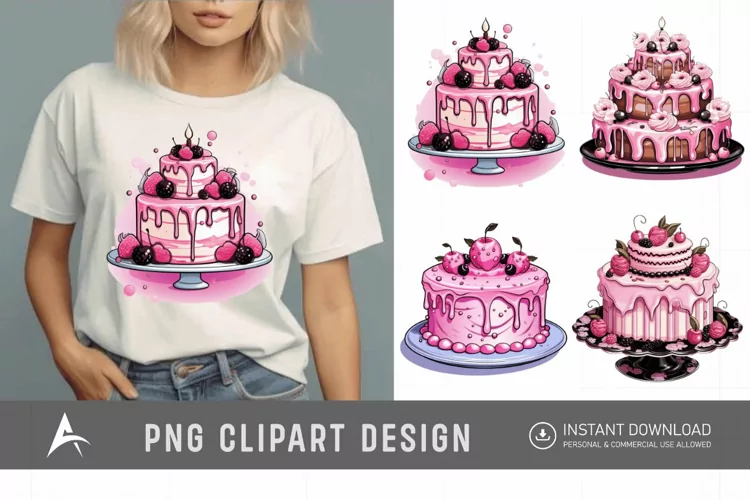 Watercolor Pink Cakes Sublimation Clipart