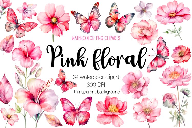 Pink Watercolor Flowers and Butterfly Cliparts, PNG