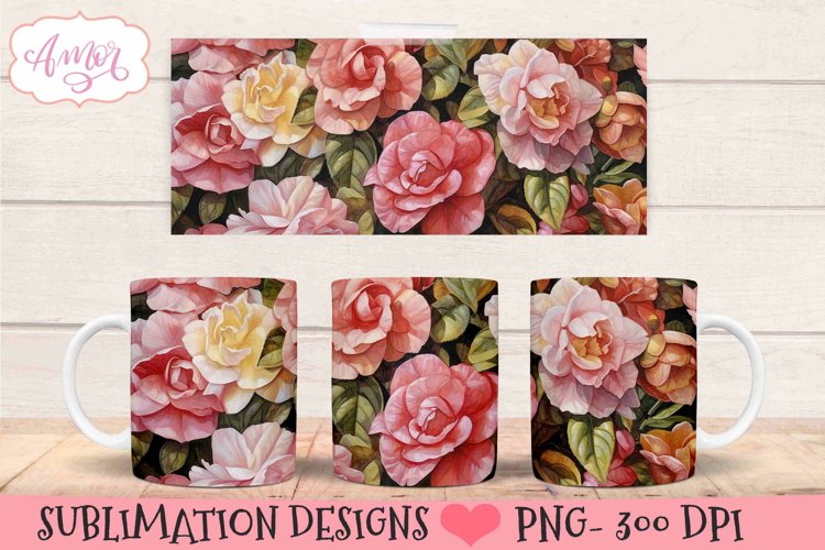 Pink Watercolor flowers mug wrap PNG for sublimation