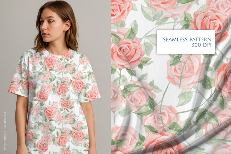 Pink Watercolor Roses Seamless Pattern example image 1