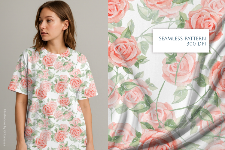 Pink Watercolor Roses Seamless Pattern