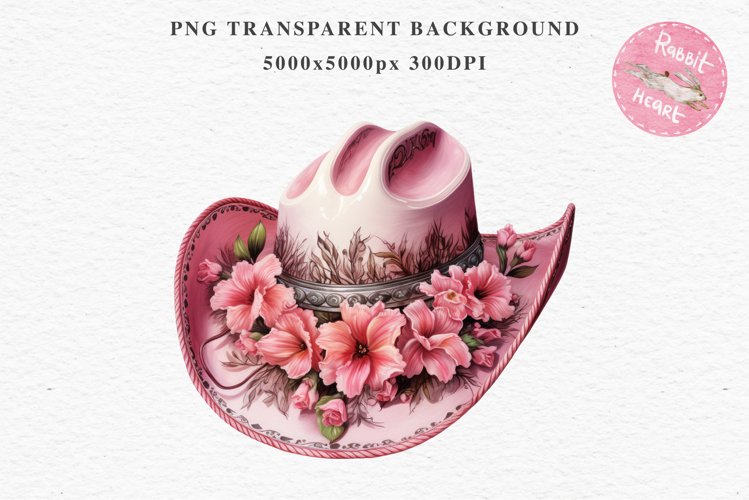 Pink Western Cowboy Stetson Hat Wild West Vintage Flowers Decor Art Image Watercolor Transparent Print illustration sublimation creepy printable digital  watercolor Western Cowboy Women Stetson Hat floral, flowers Wild West clipart, vintage american 