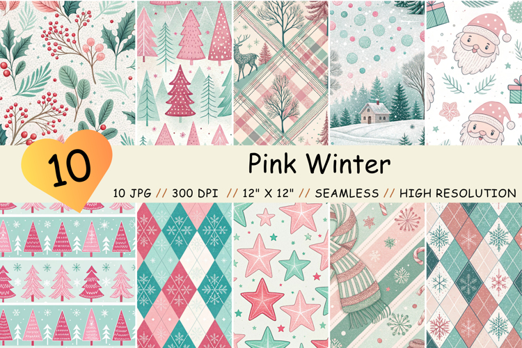 Pink Winter Seamless Pattern Paper, Cute Winter Pattern