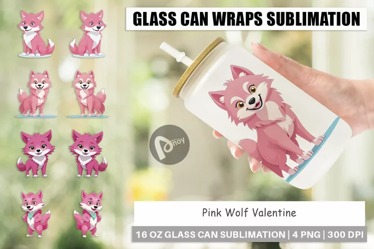 Glass Can Wraps Pink Wolf Valentine