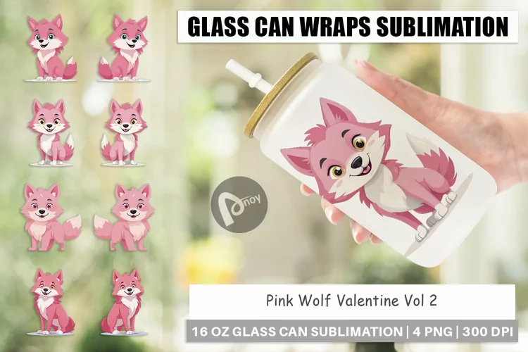 Glass Can Wraps Pink Wolf Valentine