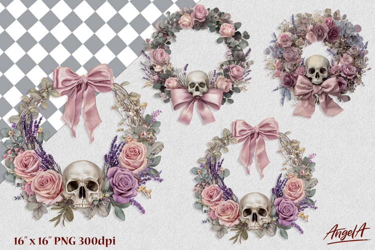 Gothic floral wreath clipart with skull, pink coquette bow