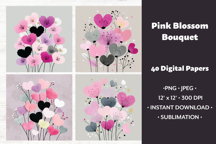 Pink Blossom Bouquet Digital Paper, 40 PNG & JPEG