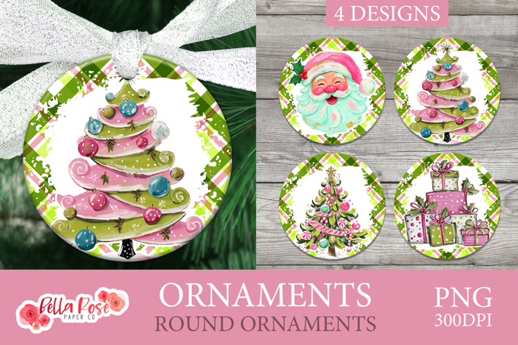 Pink & Green | Girly | Round Christmas Ornaments