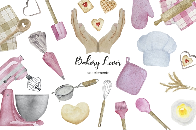 Watercolor pink bakery mixer clipart. Kitchen utensil