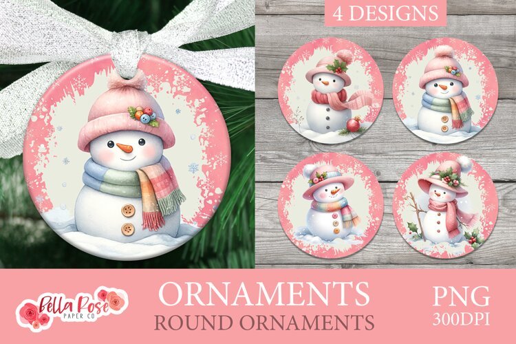 Cute Pink Snowmen | Christmas | Round Christmas Ornament example image 1