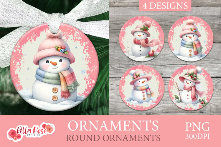 Cute Pink Snowmen | Christmas | Round Christmas Ornament
