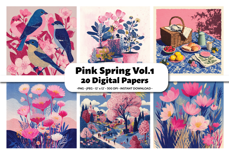 Pink Spring Digital Paper Pack, 20 PNG & JPEG