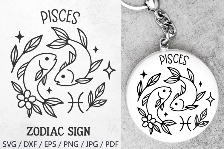 Pisces Zodiac Sign SVG – cute pisces illustration with floral details and stars. Perfect for astrology t-shirts, mugs, tote bags, keychains, zodiac stickers, planners, posters, invitations, horoscope crafts, and birthday gifts.