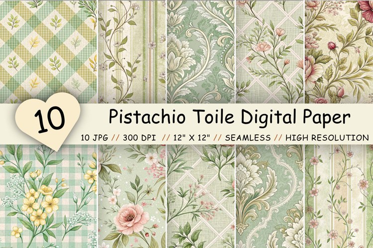 Pistachio Toile Digital Paper Pack, Vintage Floral Toile